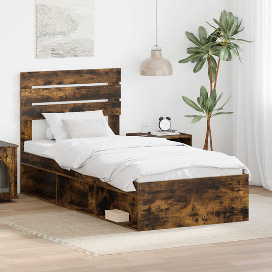 Bed Frame with Headboard Smoked Oak 90 x 200 cm Solid Pine Wood