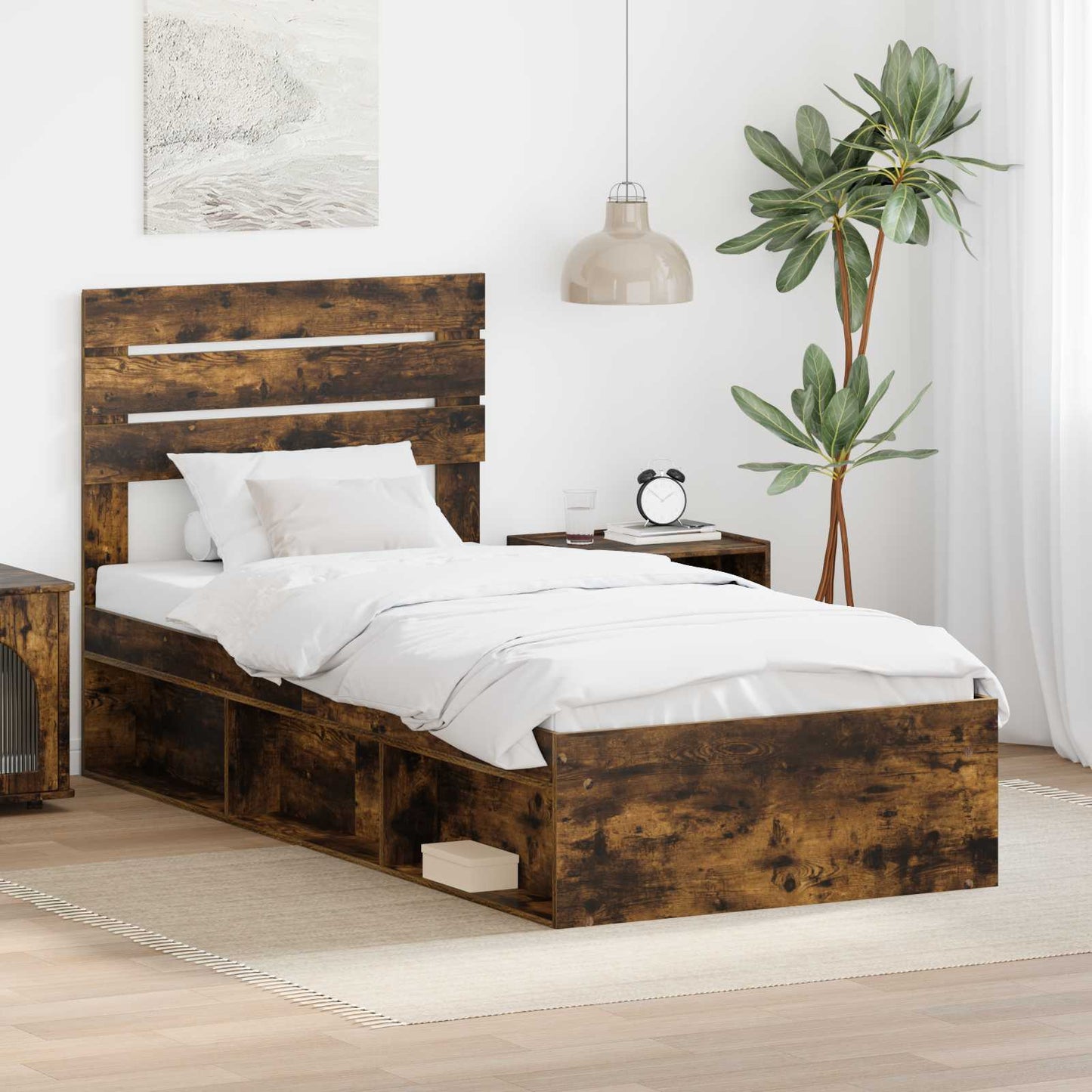 Bed Frame with Headboard Smoked Oak 75 x 190 cm Solid Pine Wood