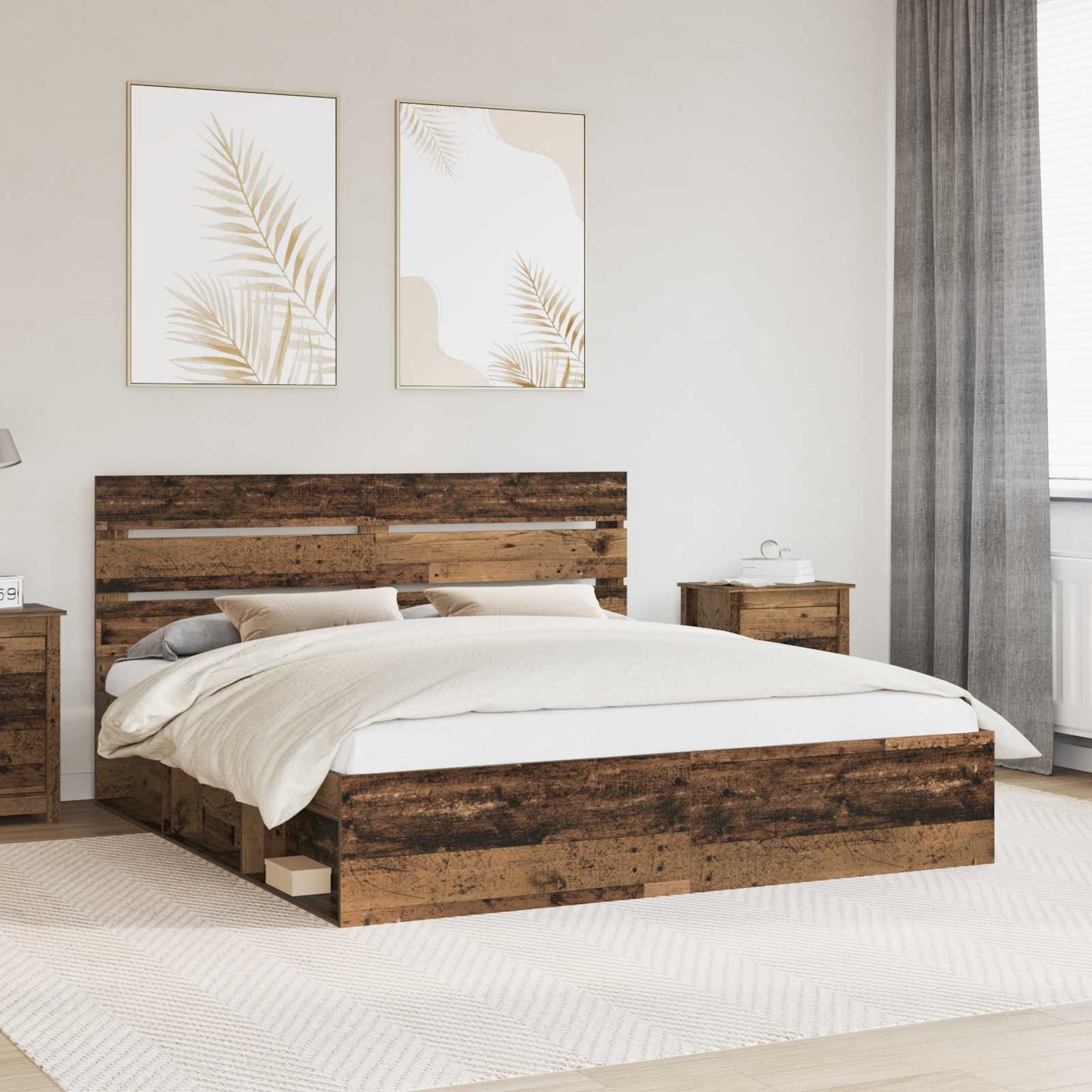 Bed Frame with Headboard Old Wood 200 x 200 cm Solid Pine Wood