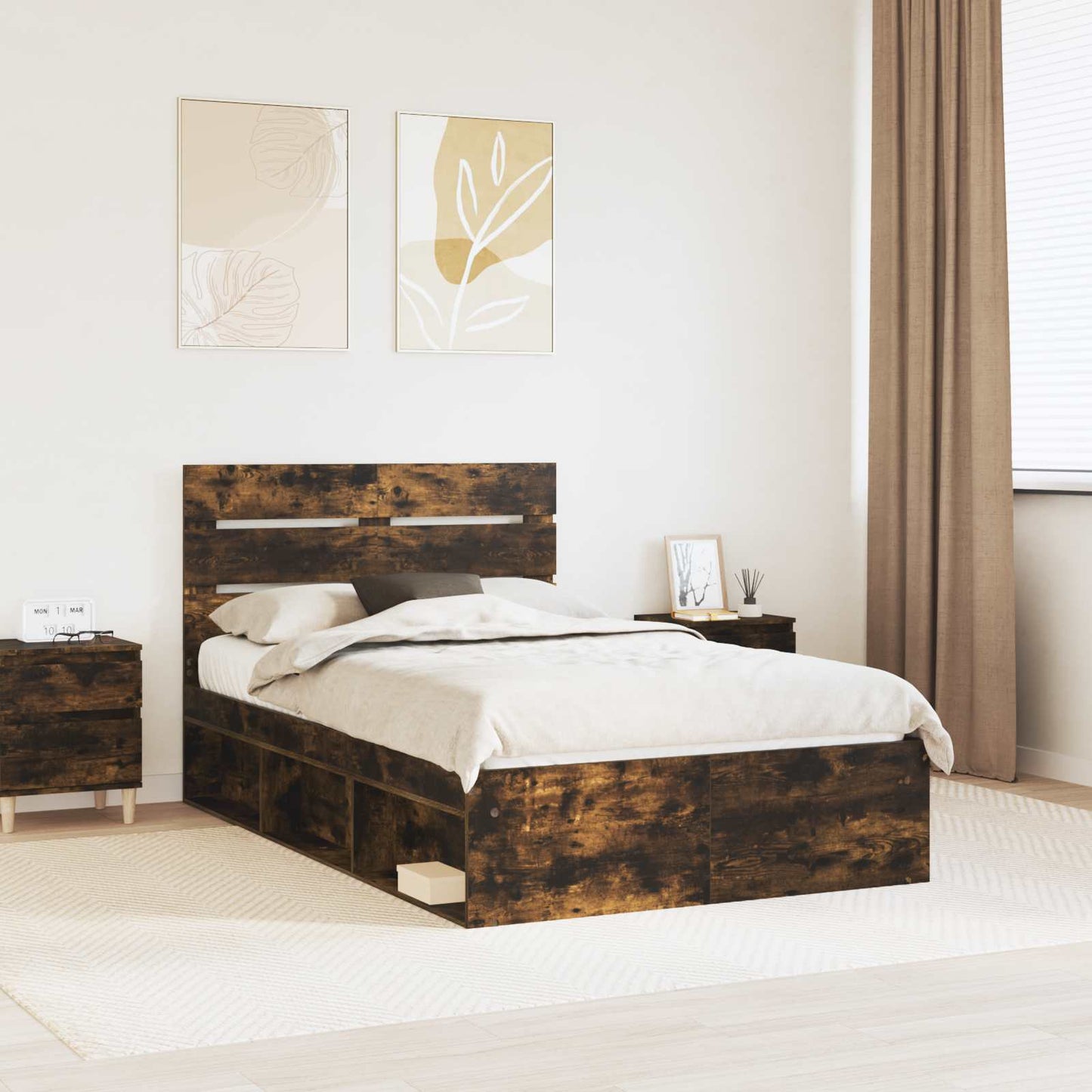 Bed Frame Smoked Oak 135 x 190 cm Solid Pine Wood