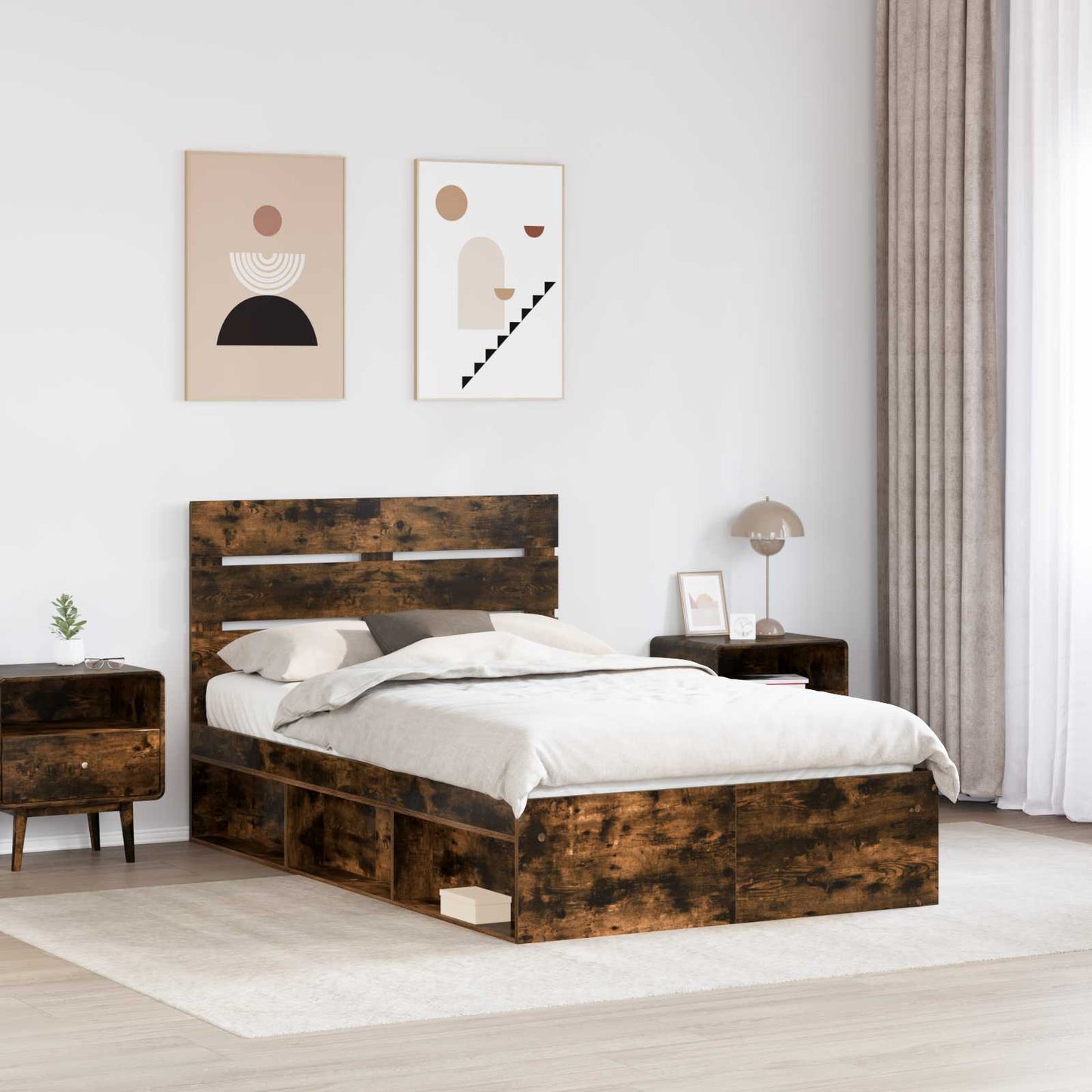 Bed Frame Smoked Oak 135 x 190 cm Solid Pine Wood
