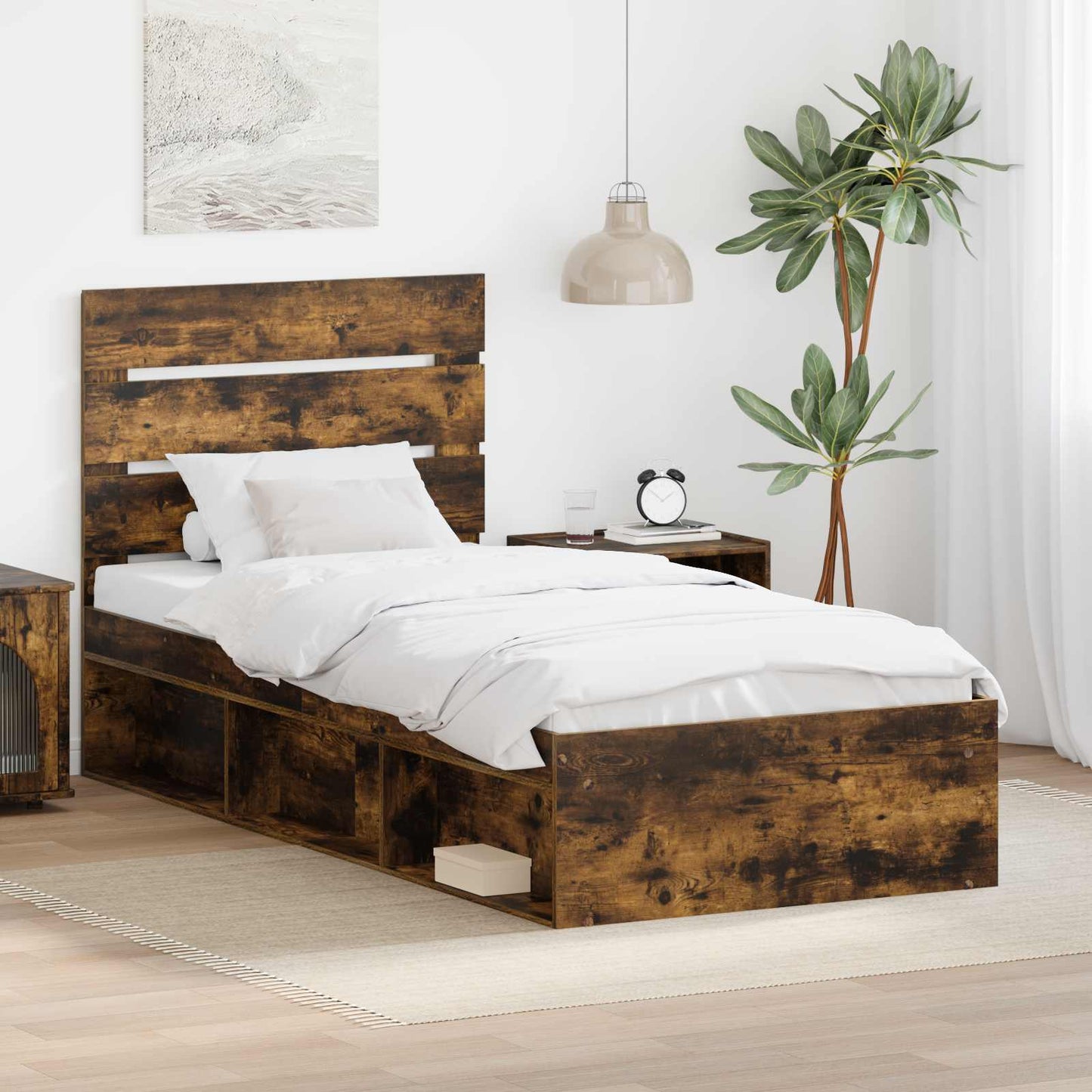 Bed Frame with Headboard Smoked Oak 90 x 200 cm Solid Pine Wood