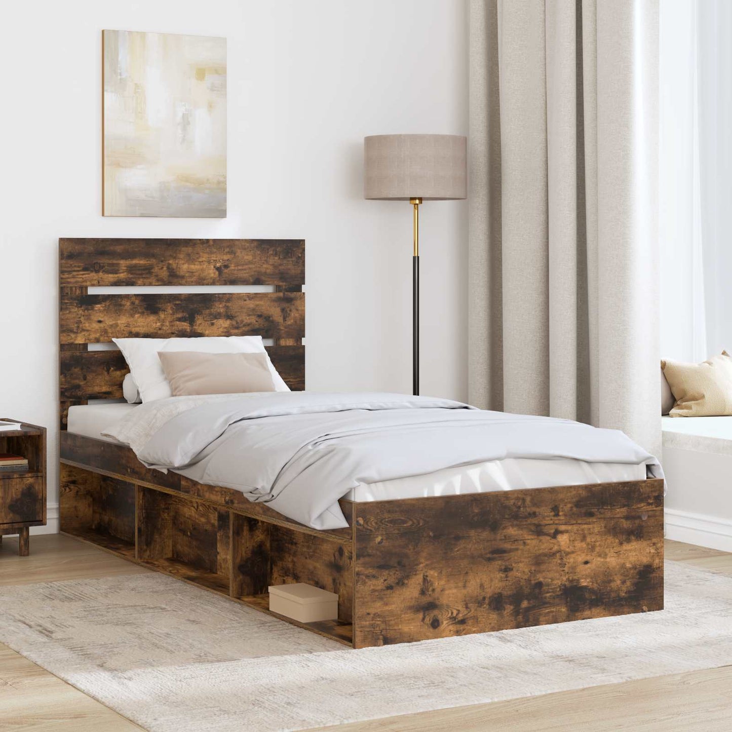 Bed Frame with Headboard Smoked Oak 90 x 190 cm Solid Pine Wood