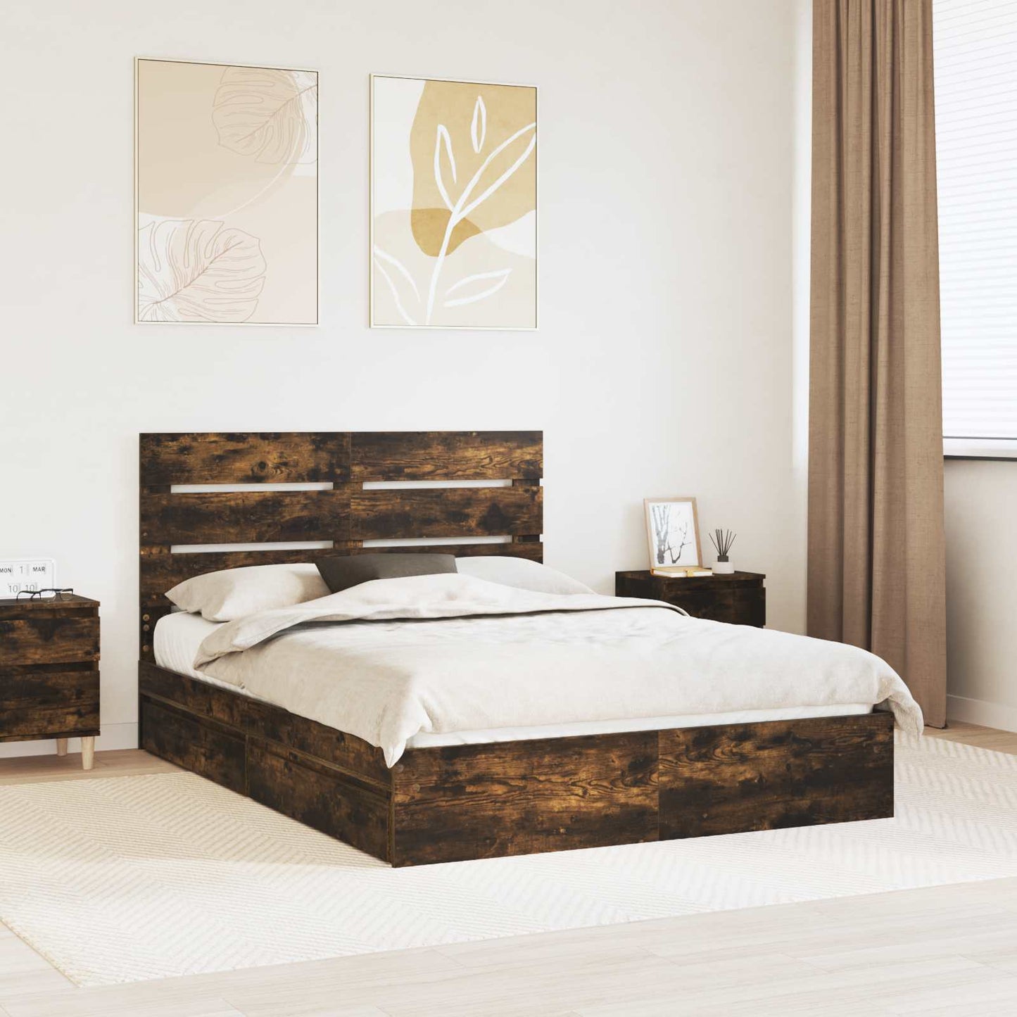 Storage Bed with Drawer Smoked Oak 160 x 200 cm Engineered Wood