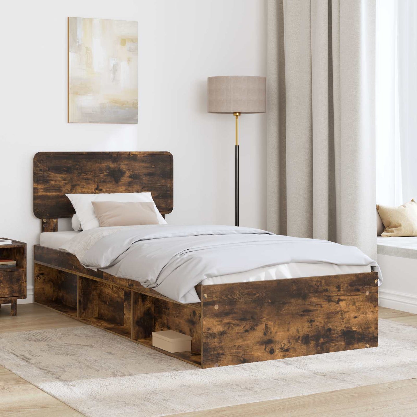 Bed Frame with Headboard Smoked Oak 75 x 190 cm Solid Pine Wood