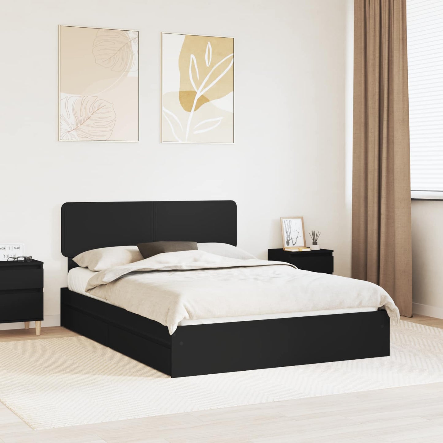 Storage Bed with Headboard Black 140 x 190 cm Engineered Wood