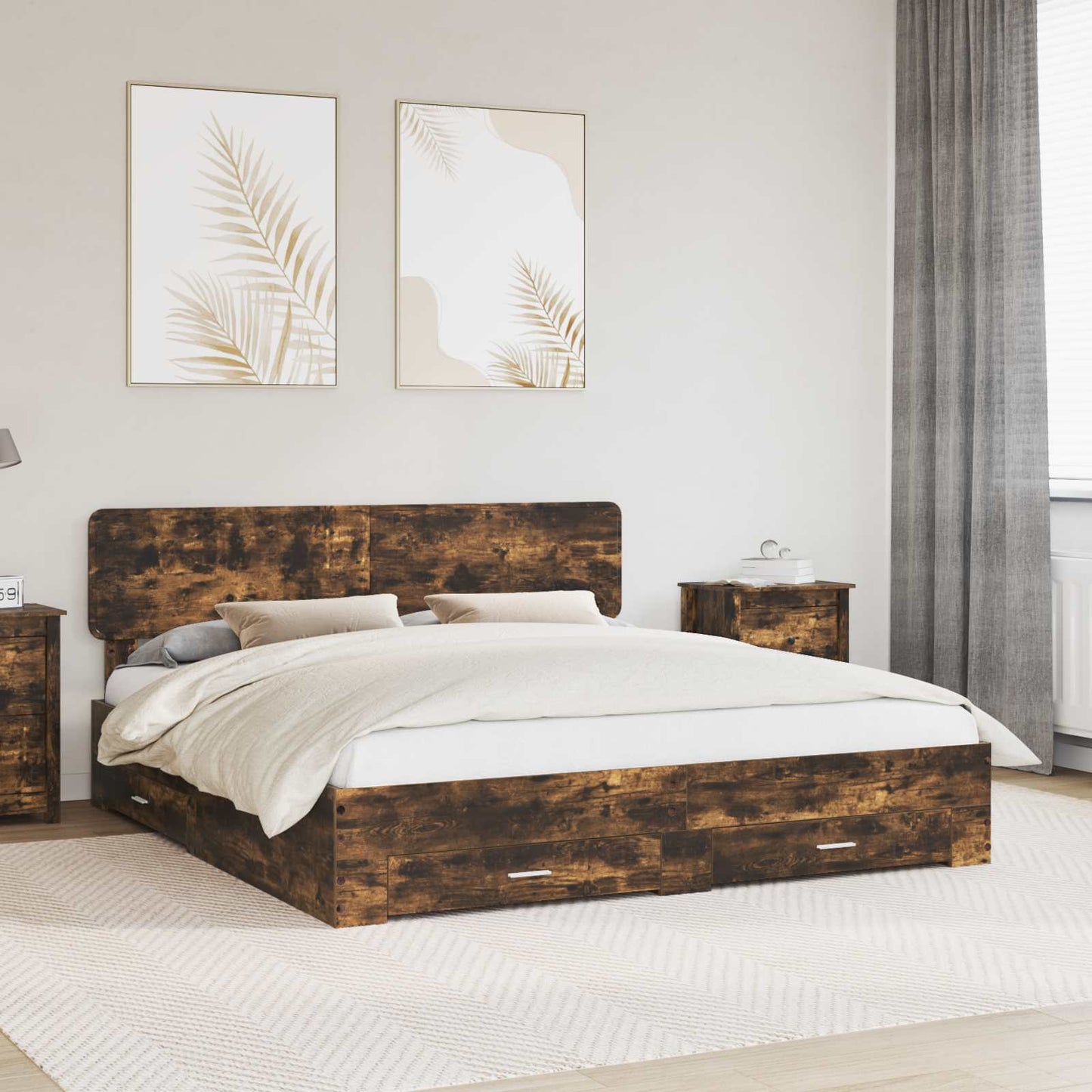 Bed Frame with Drawer Smoked Oak 200 x 200 cm Engineered Wood