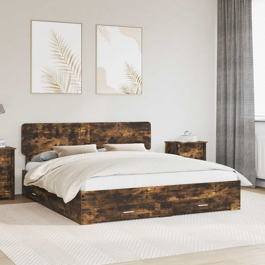 Bed Frame with Drawer Smoked Oak 200 x 200 cm Engineered Wood