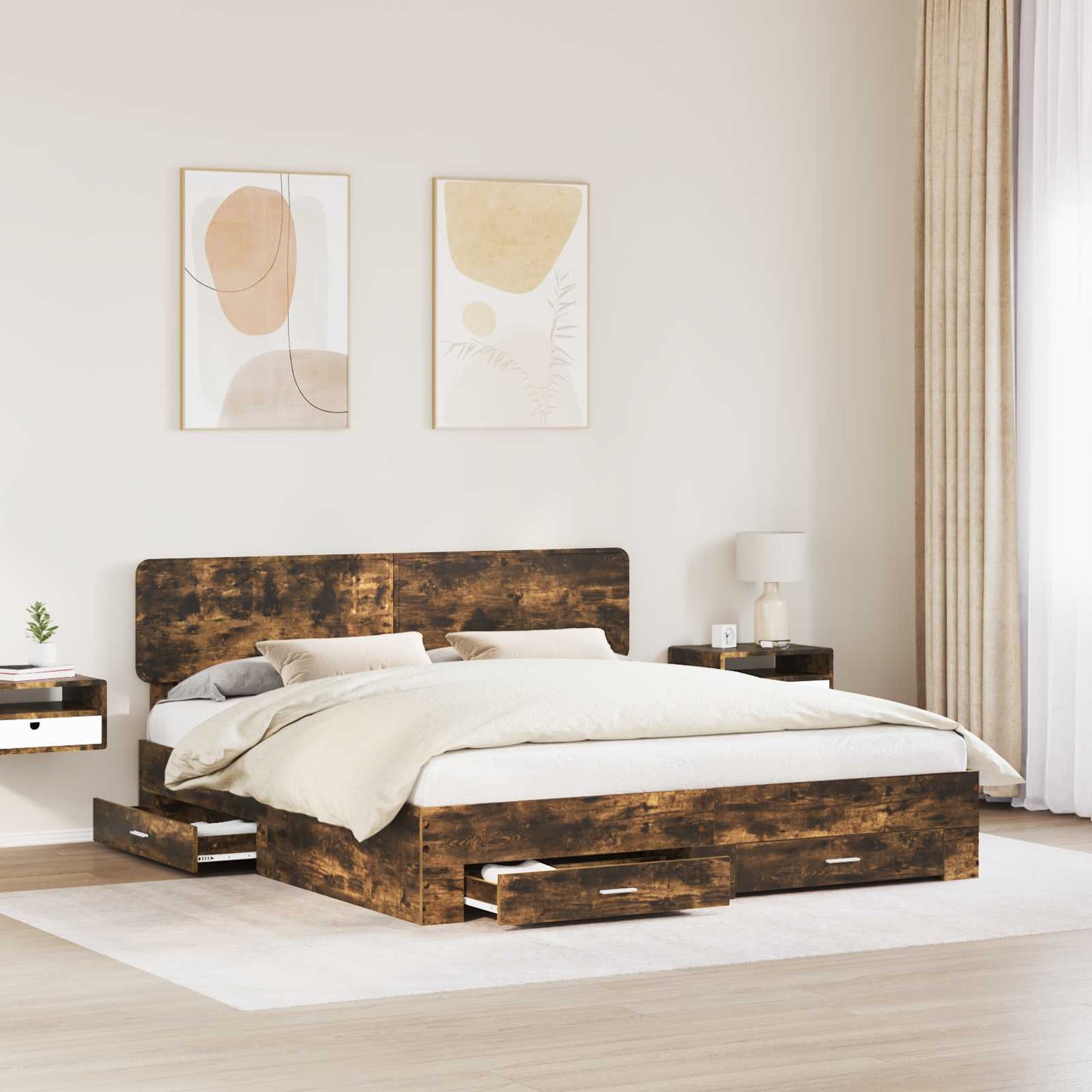 Bed Frame with Drawer Smoked Oak 200 x 200 cm Engineered Wood