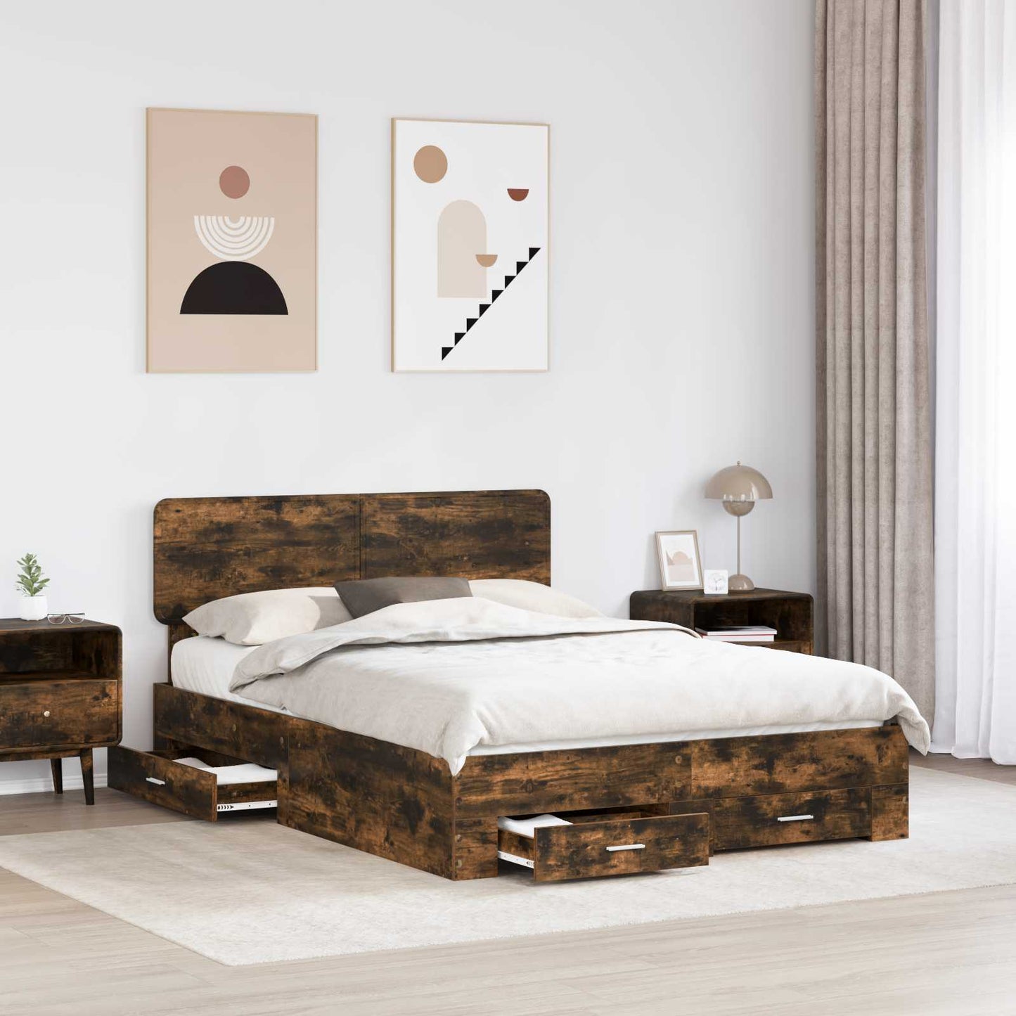 Bed Frame with Drawer Smoked Oak 150 x 200 cm Engineered Wood