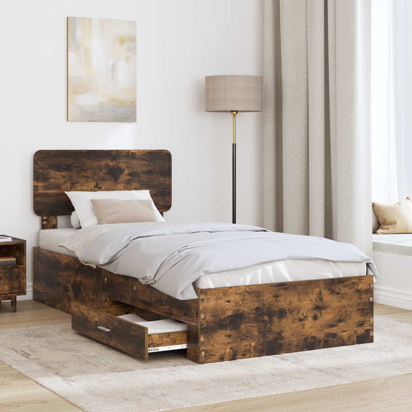 Bed Frame with Drawer Smoked Oak 100 x 200 cm Engineered Wood