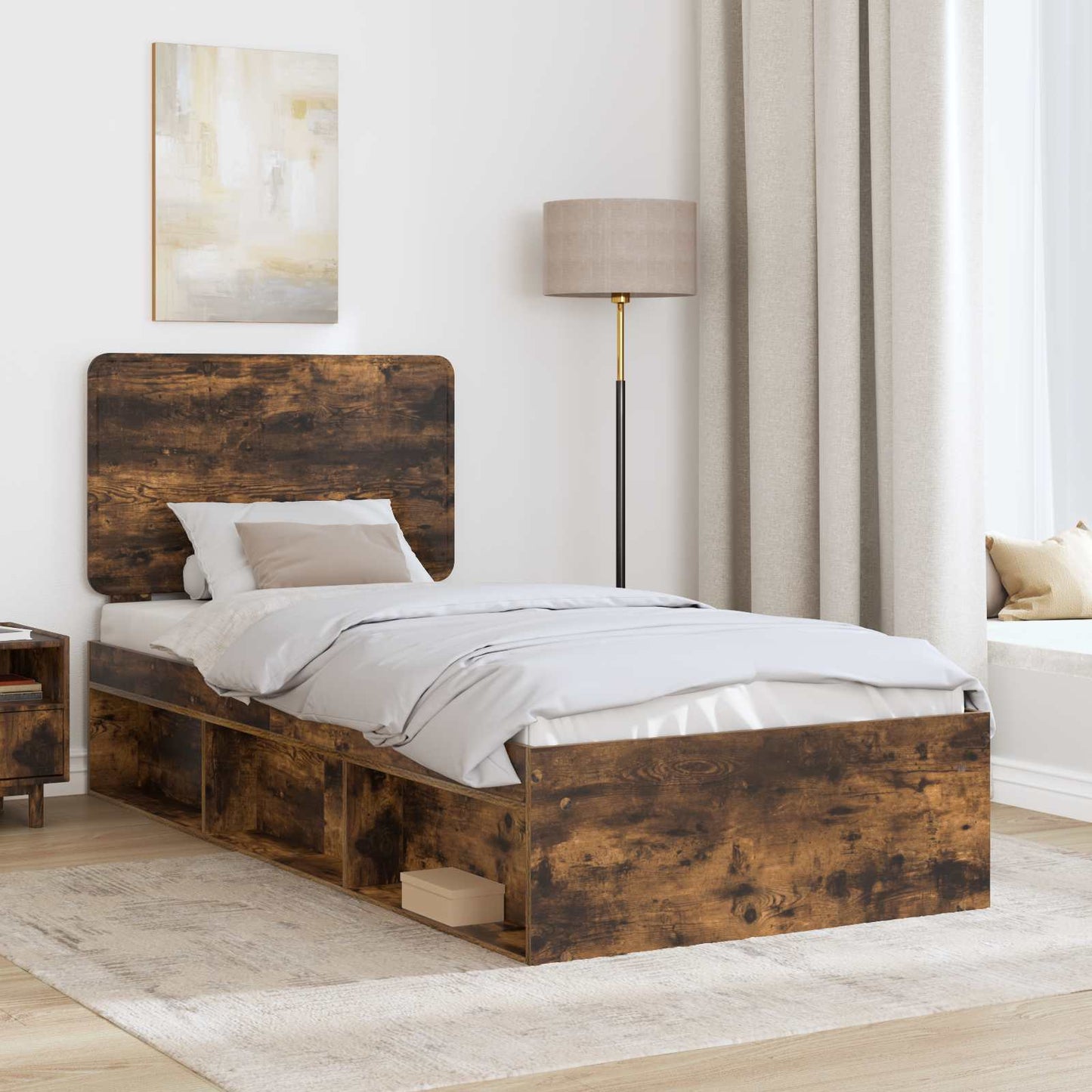 Bed Frame with Headboard Smoked Oak 90 x 200 cm Solid Pine Wood
