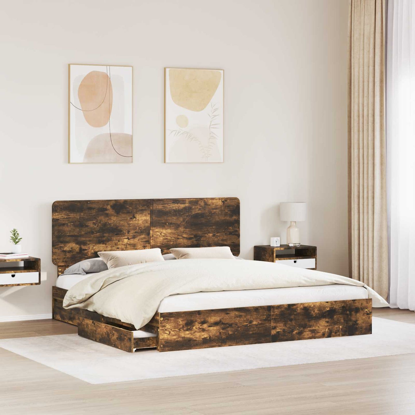Storage Bed with Drawer Smoked Oak 180 x 200 cm Engineered Wood