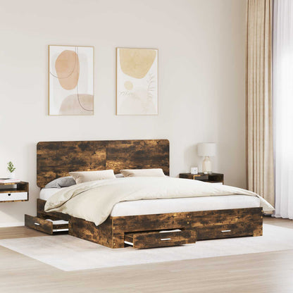 Bed Frame with Drawer Smoked Oak 200 x 200 cm Engineered Wood