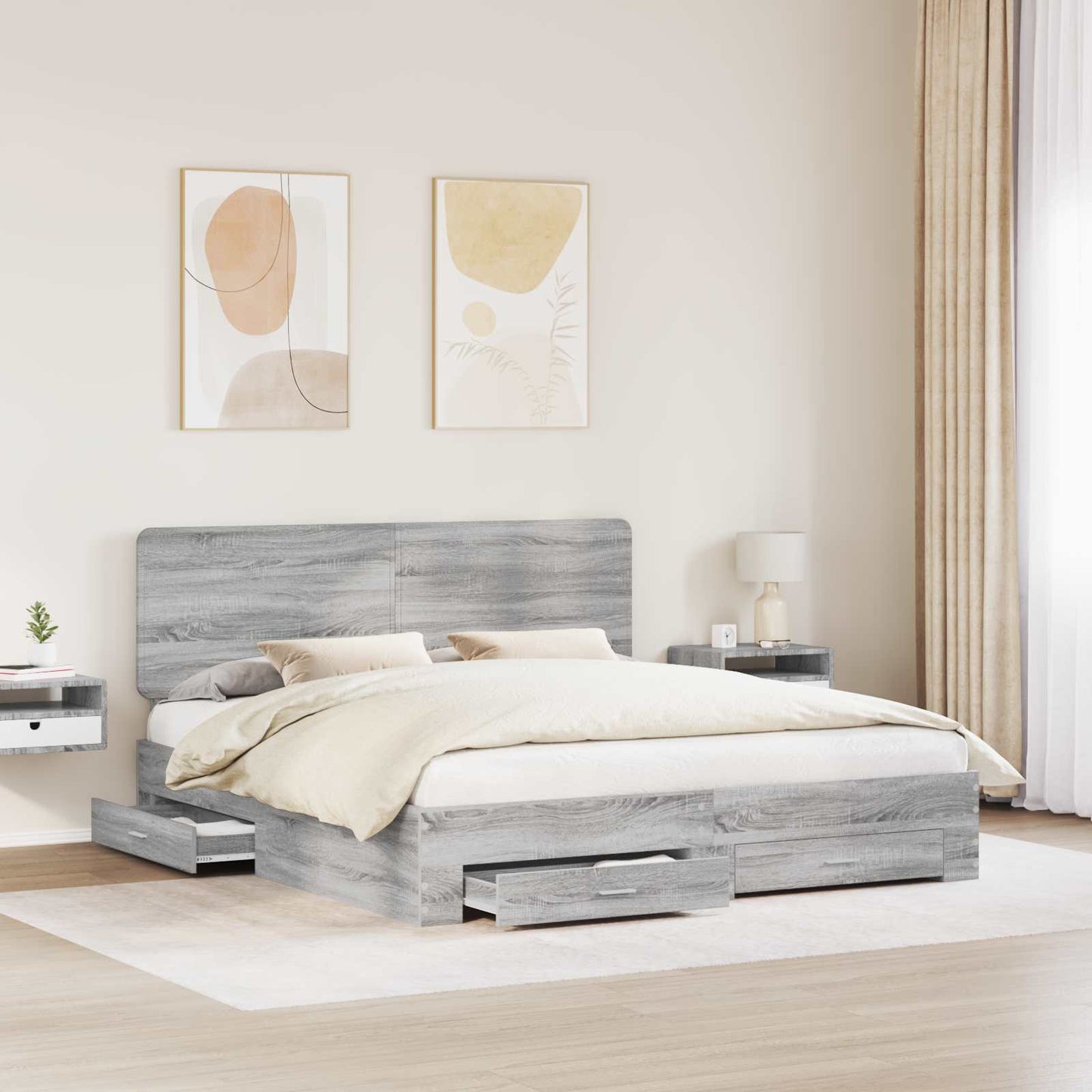 Bed Frame with Drawer Grey Sonoma 200 x 200 cm Engineered Wood