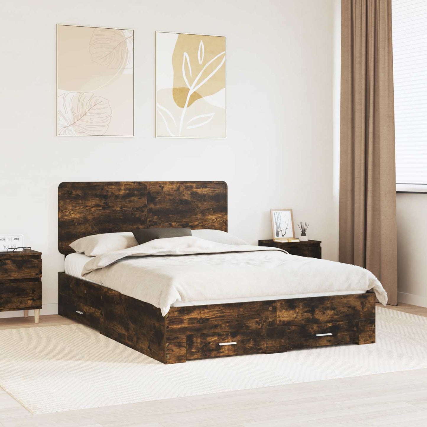 Bed Frame with Drawer Smoked Oak 140 x 200 cm Engineered Wood