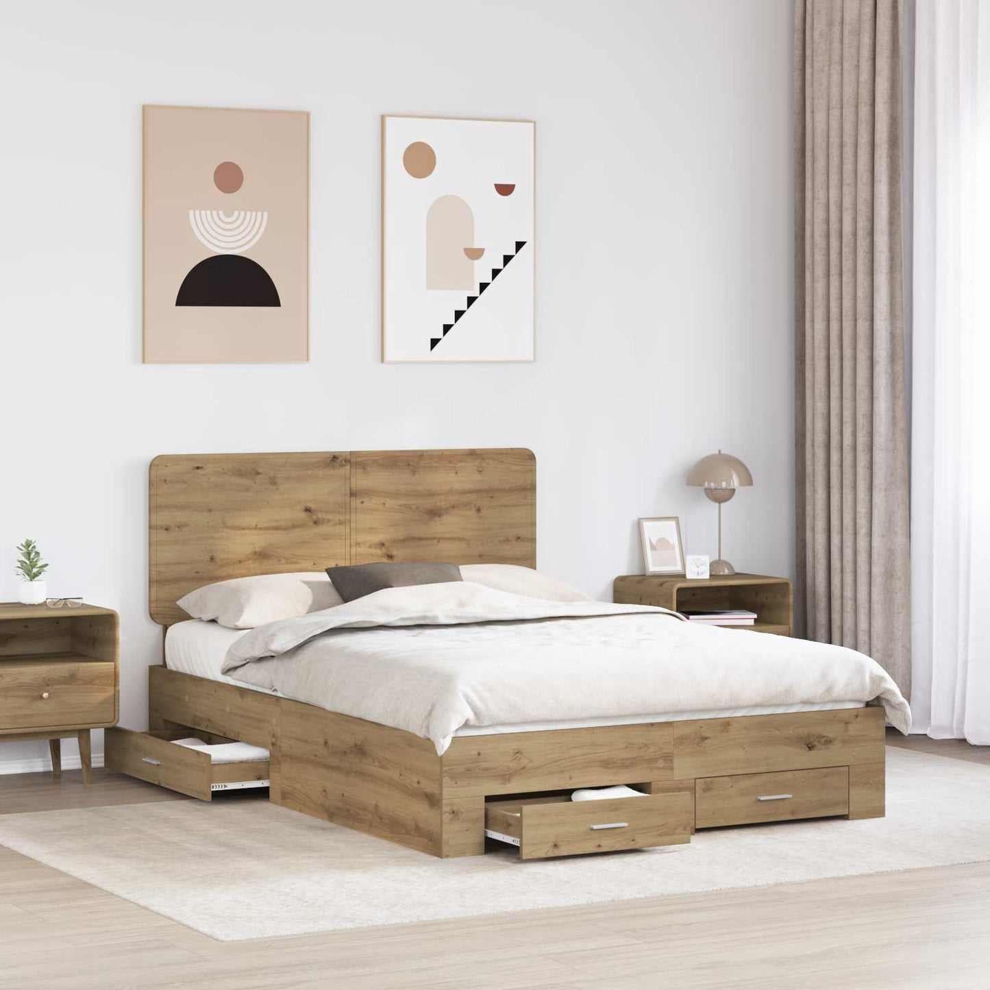 Bed Frame with Drawer Artisan Oak 140 x 190 cm Engineered Wood