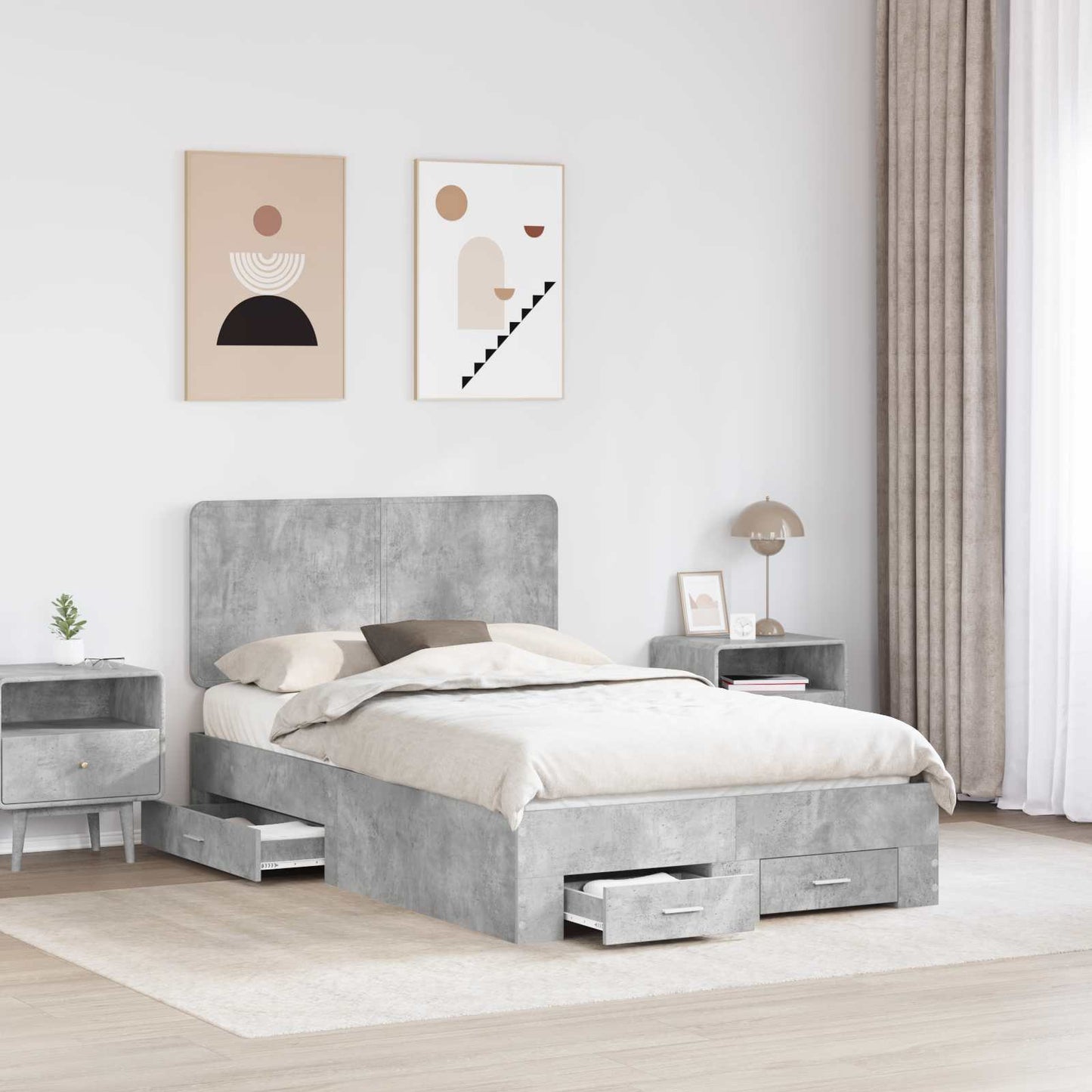 Bed Frame Concrete Grey 135 x 190 cm Engineered Wood