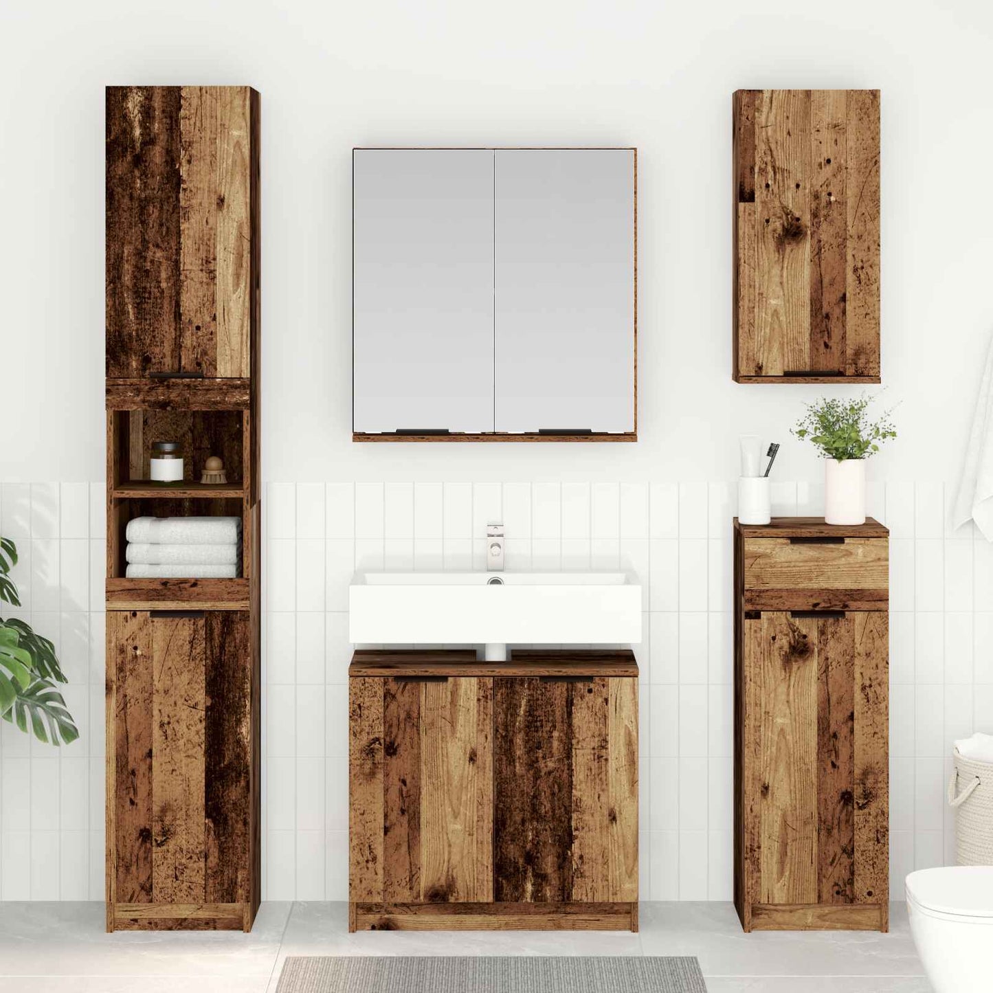Bathroom Furniture Set with Door 3 pcs Old Wood Engineered Wood