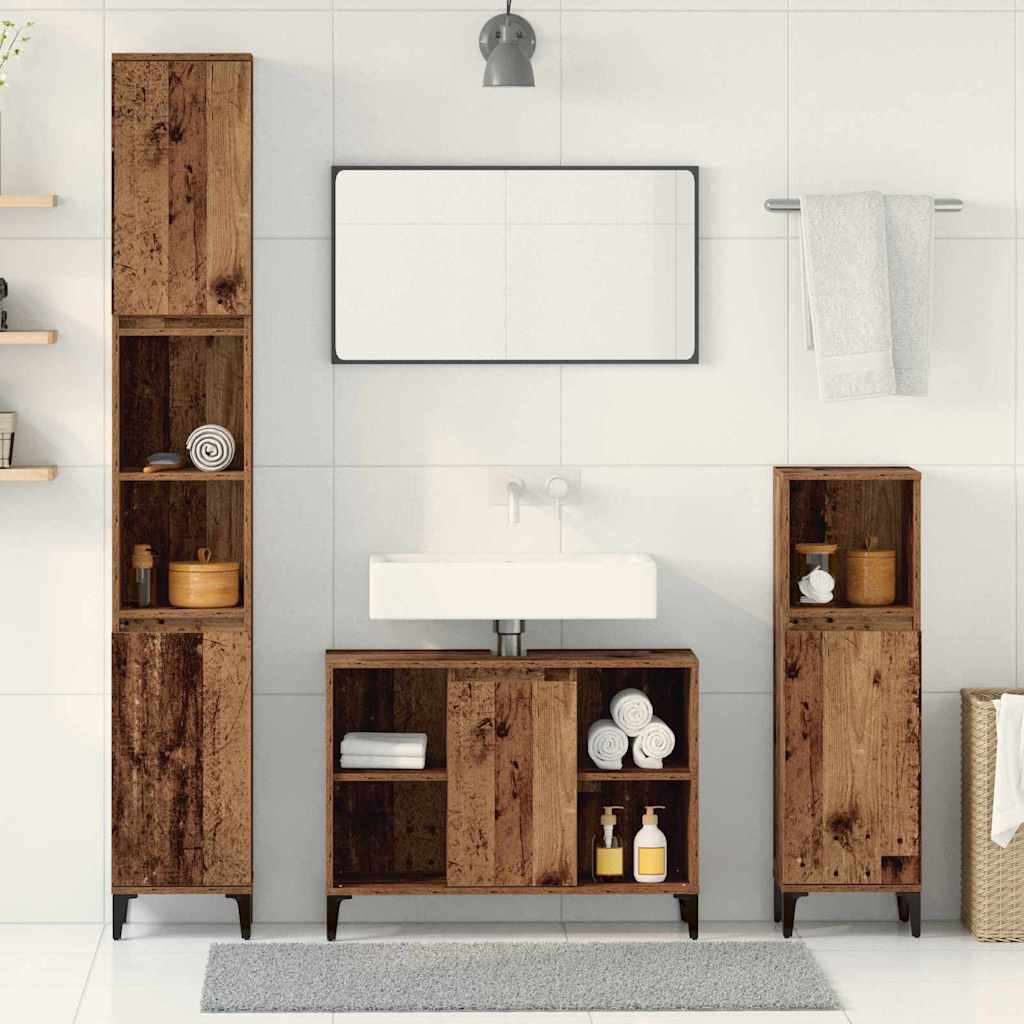 Bathroom Furniture Set with Door 3 pcs Old wood Engineered wood