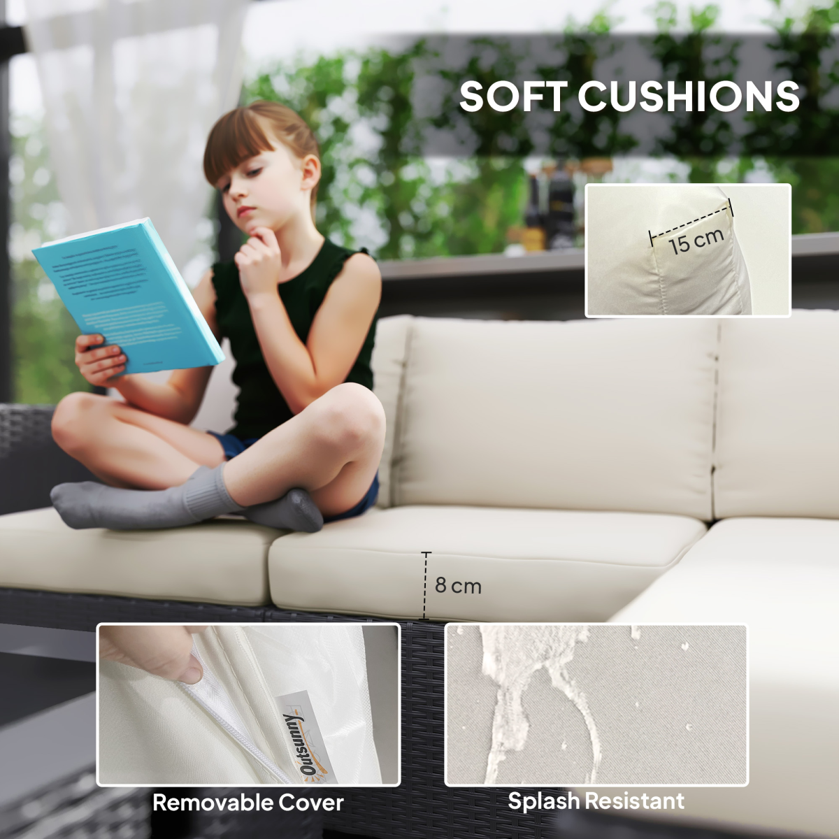 Outsunny 4 Seater Rattan Sofa Set with Footstool Thick Cushions Black Cream