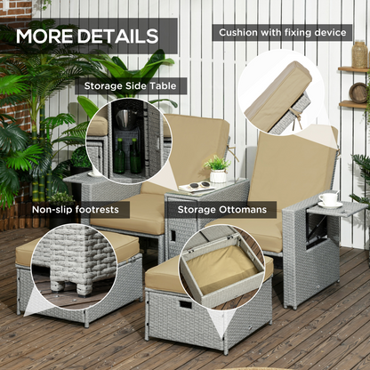 5-level Adjustable Rattan Sun Lounger w/ Storage Tea Table & Footstools, Beige