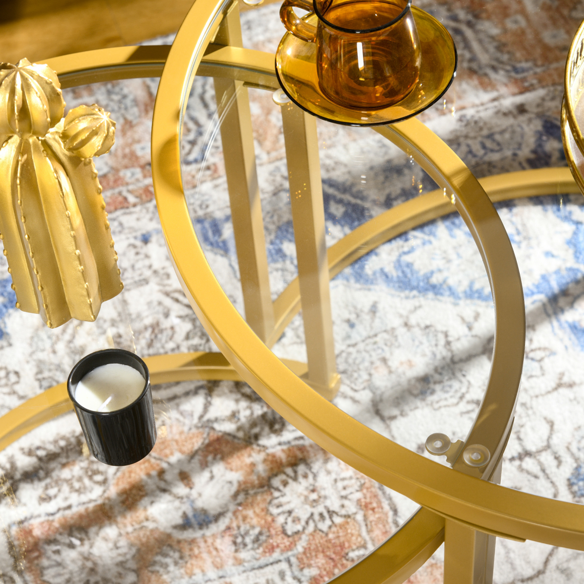 HOMCOM Modern Coffee Table Set of 2, Nesting Tables with Glass Top, Gold