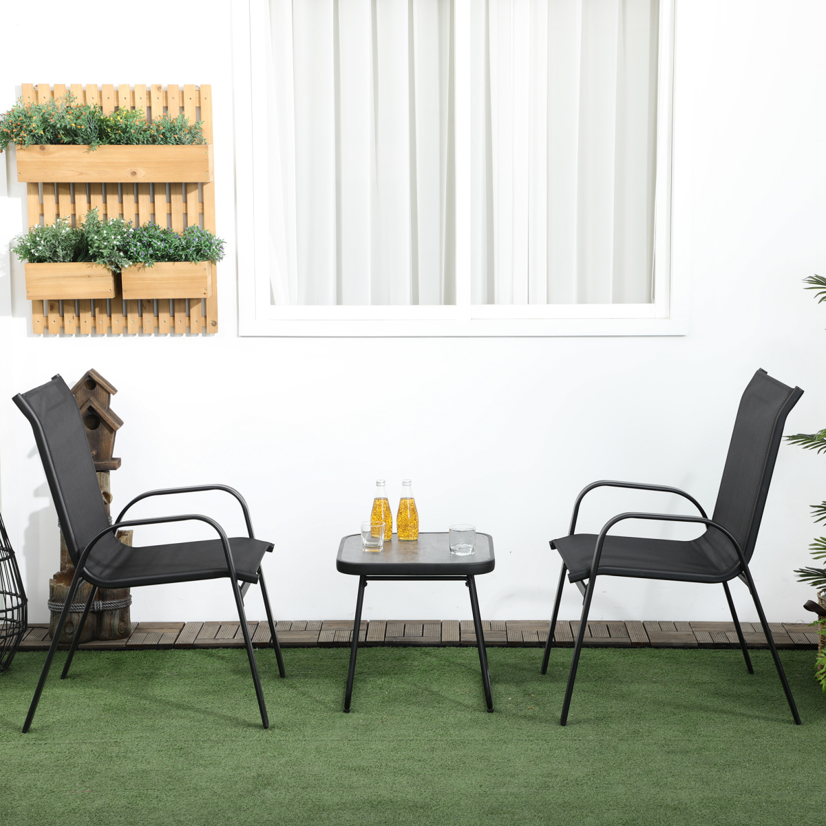 Outsunny 3PCs Bistro Set w/ Breathable Mesh Fabric & PSC Board Top Table, Black
