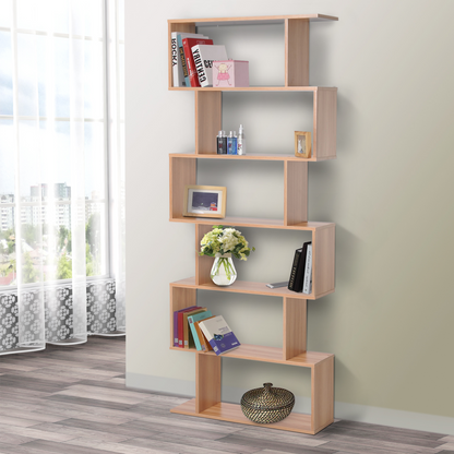 6-Tier Wooden S-Shaped Shelf Storage Unit Home Office Maple Colour