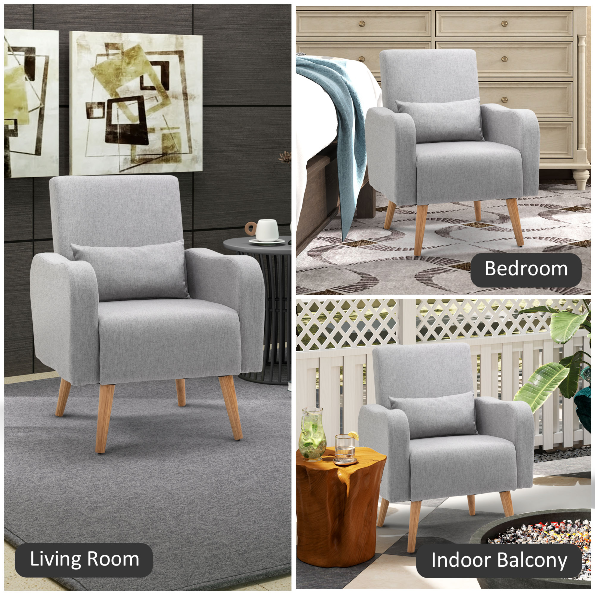 Nordic Leisure Lounge Sofa Accent Chair with Pillow for Bedroom Grey