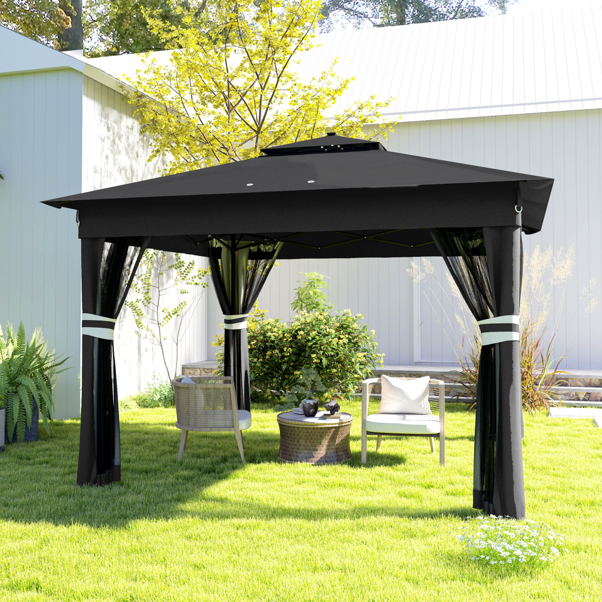 Outsunny 3x3(m) Pop Up Gazebo w/ Solar-Powered LED Lights Netting Black