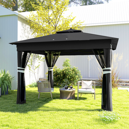 Outsunny 3x3(m) Pop Up Gazebo w/ Solar-Powered LED Lights Netting Black