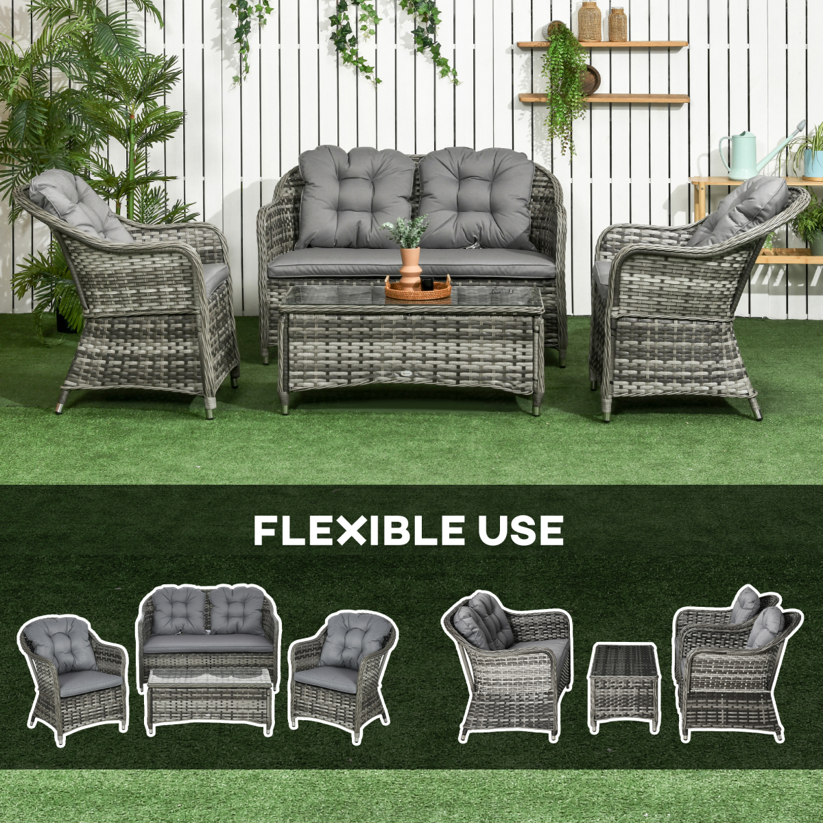 Outsunny 4 Pieces Rattan Sofa Set Outdoor Conservatory Furniture with Cushions