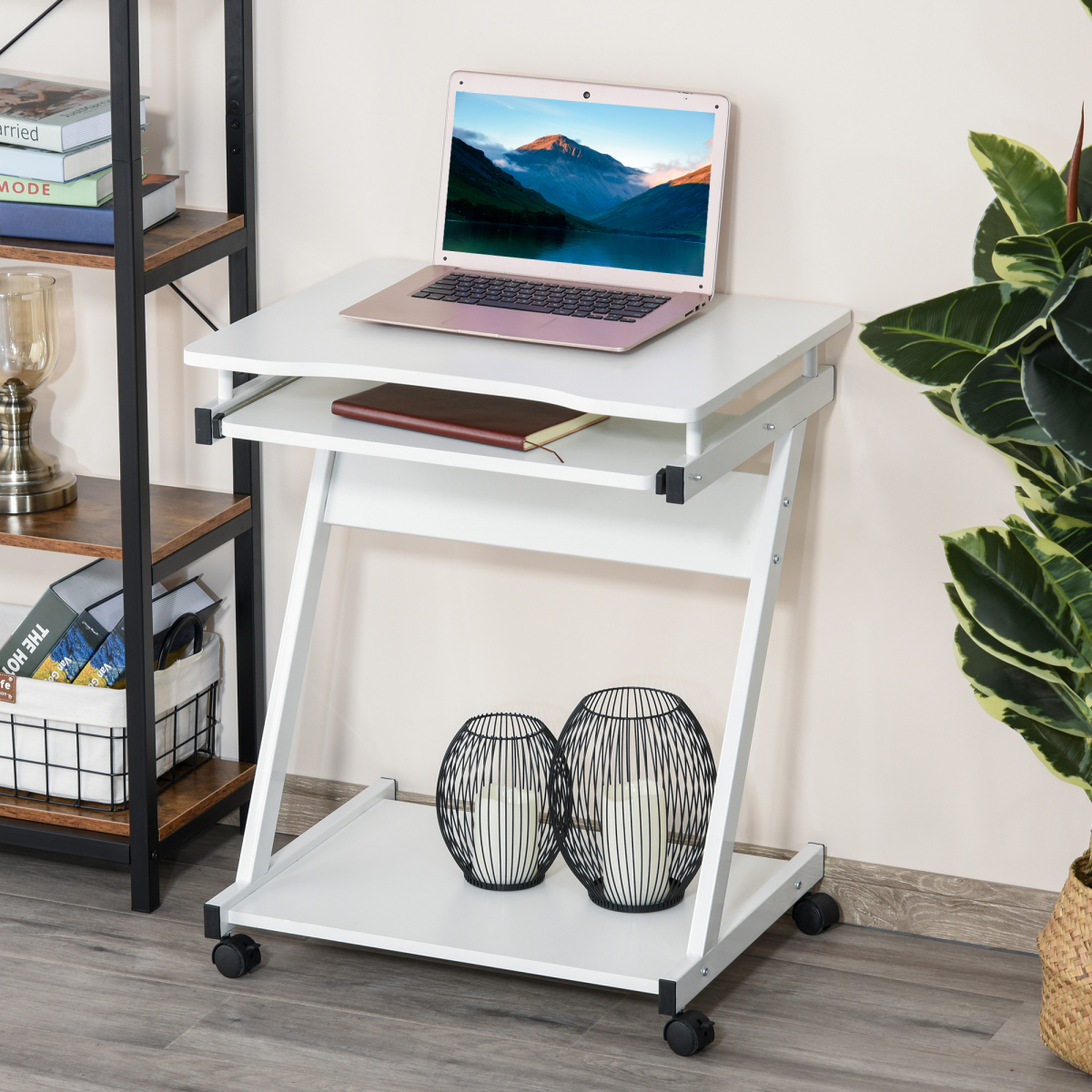 Computer Desk with 4 Moving Wheels Sliding Keyboard Tray White