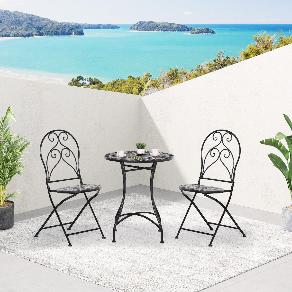 3PC Garden Bistro Set with Mosaic Tile Top and Seats, Metal Frame