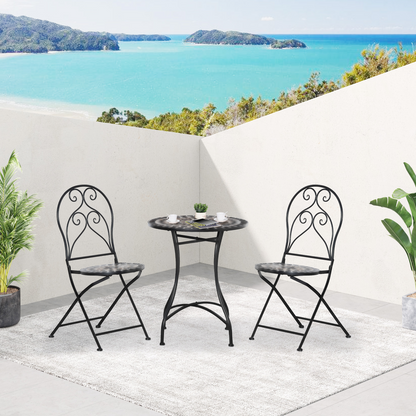 3PC Garden Bistro Set with Mosaic Tile Top and Seats, Metal Frame