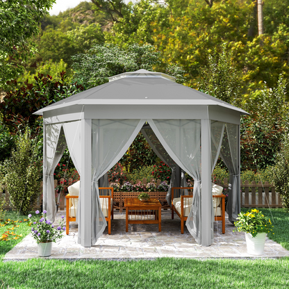 Outsunny 3x4m Hexagon Gazebo w/ Mesh Curtains Outdoor Garden, Dark Grey