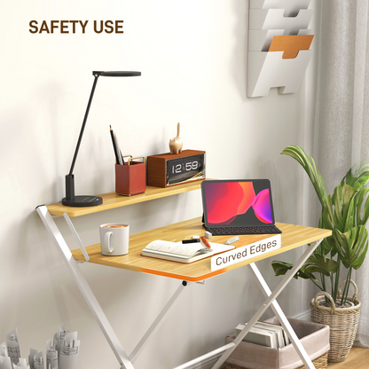 HOMCOM Folding Desk with 2-Tier Shelf for Home Office, Maple Wood-effect