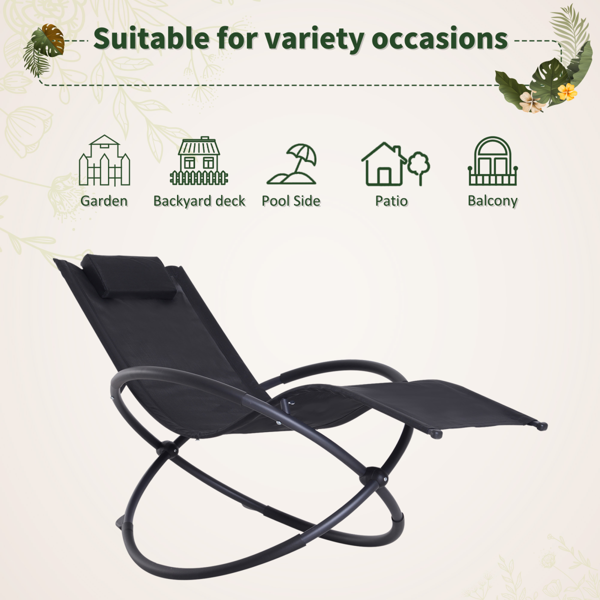 Orbital Sun Lounger Rocking Chair Outdoor Zero Gravity Folding w/ Pillow Black