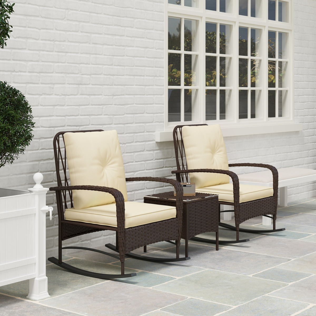 Outsunny Rattan Bistro Set Balcony Furniture with Rocking Chairs, Brown
