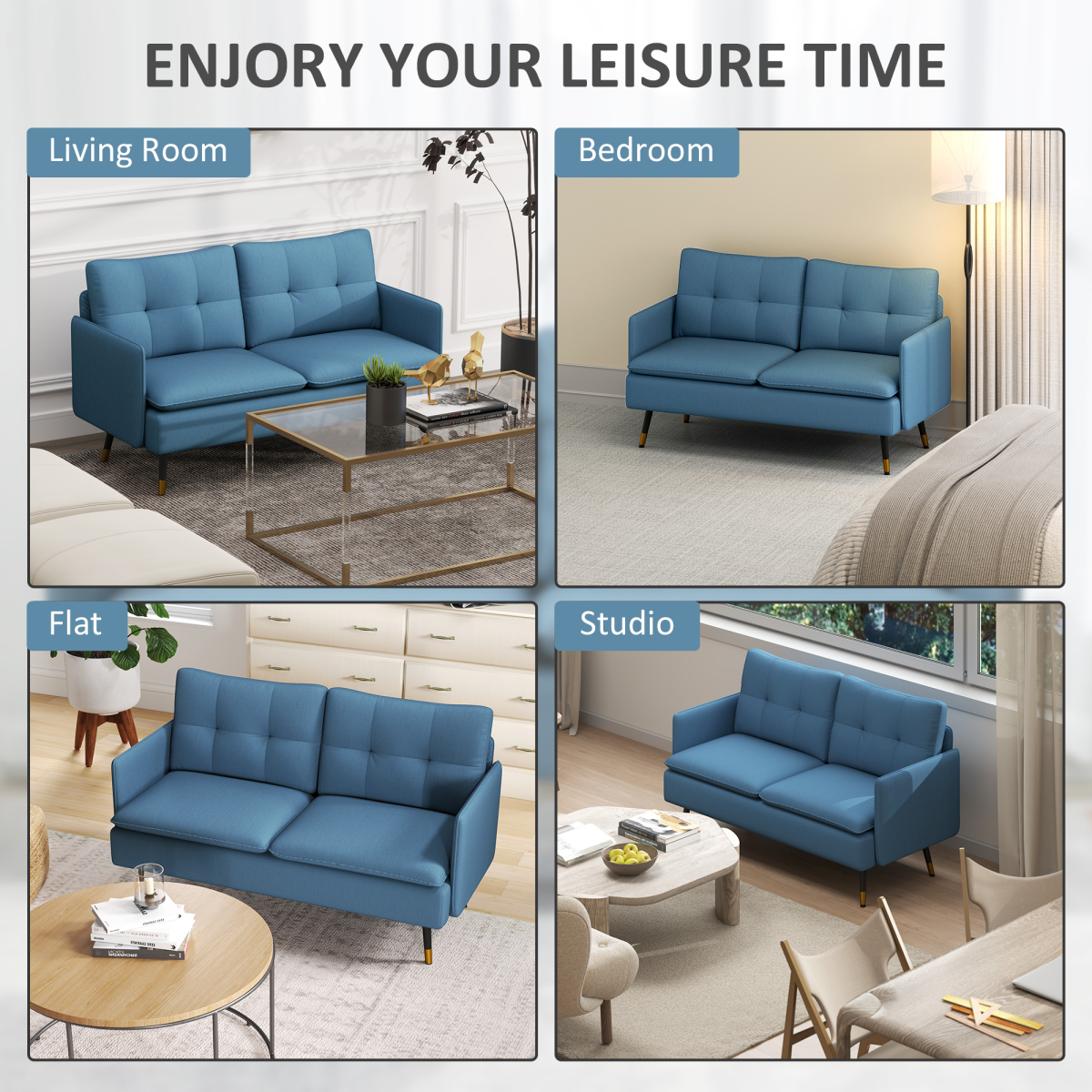 2 Seater Sofas for Living Room Fabric Couch Button Tufted Love Seat Dark Blue