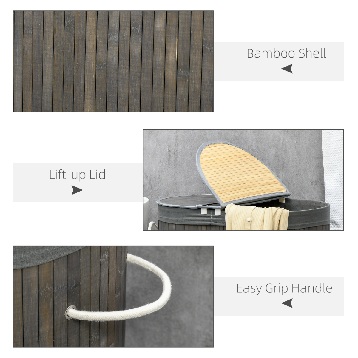 100L Bamboo Laundry Basket w/ 2 Compartments Washing Baskets Grey HOMCOM