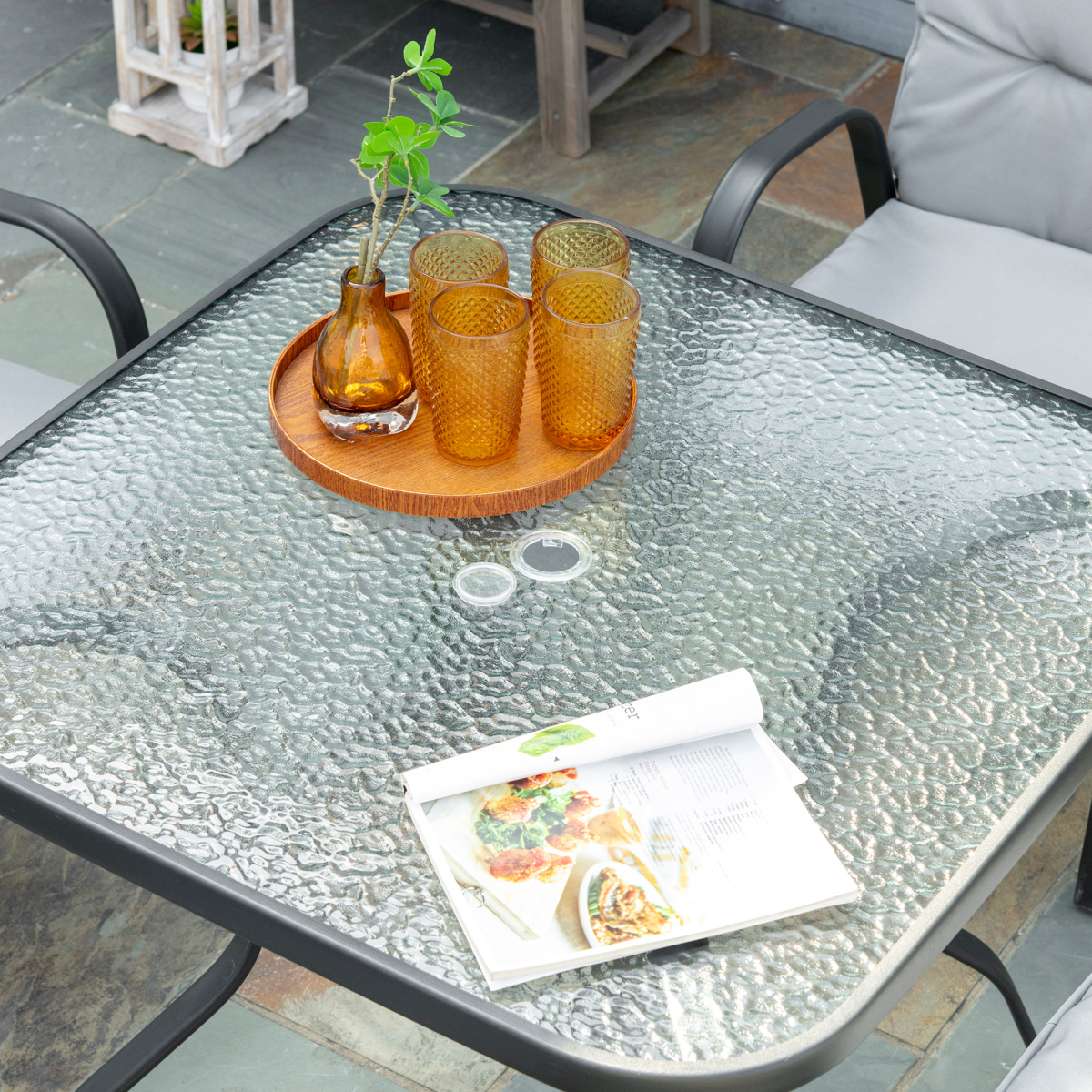 Outsunny Garden Dining Set, Glass Table w/ Umbrella Hole & Texteline Seats