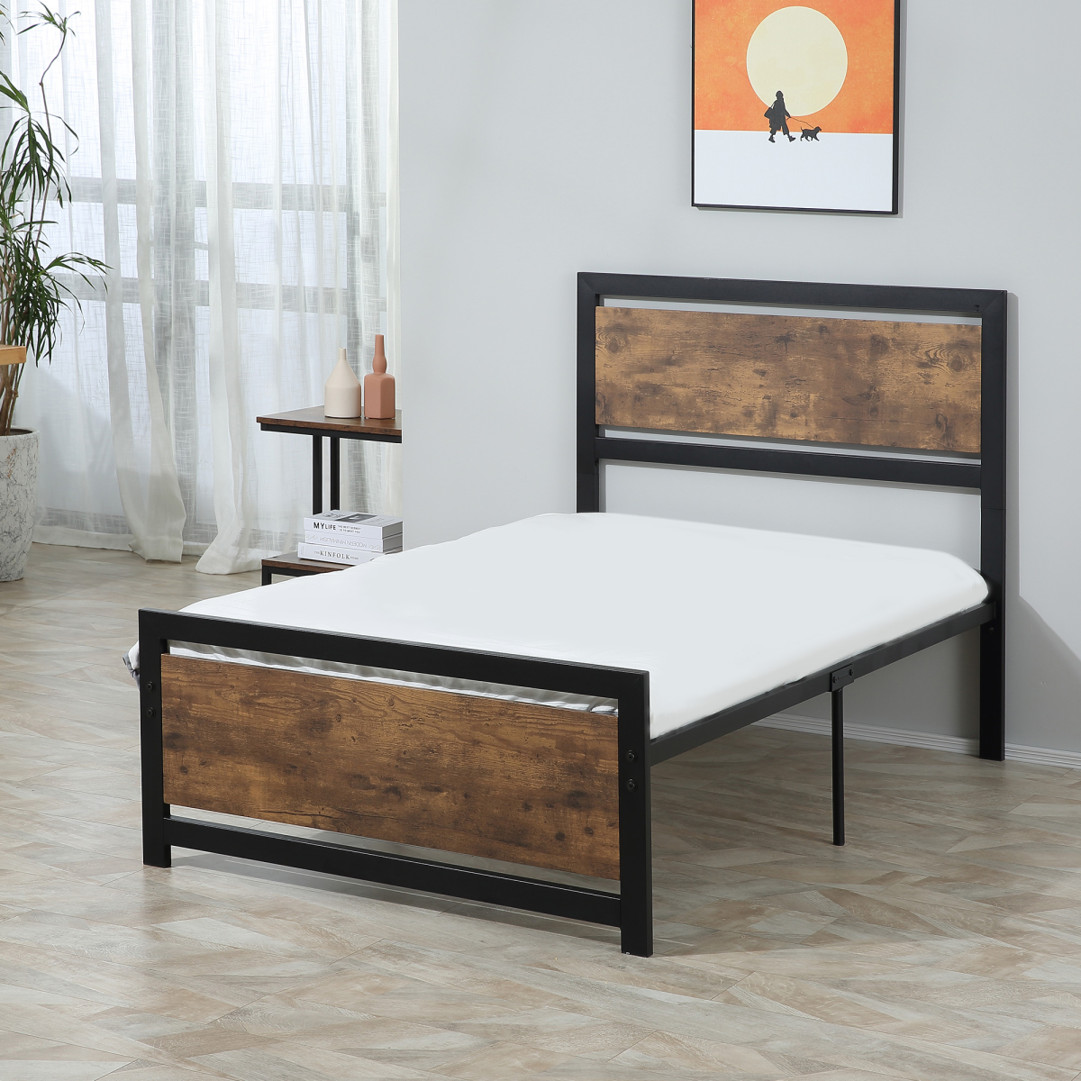 HOMCOM Single Size Metal Bed Frame w/ Headboard & Footboard, 97x195x103cm