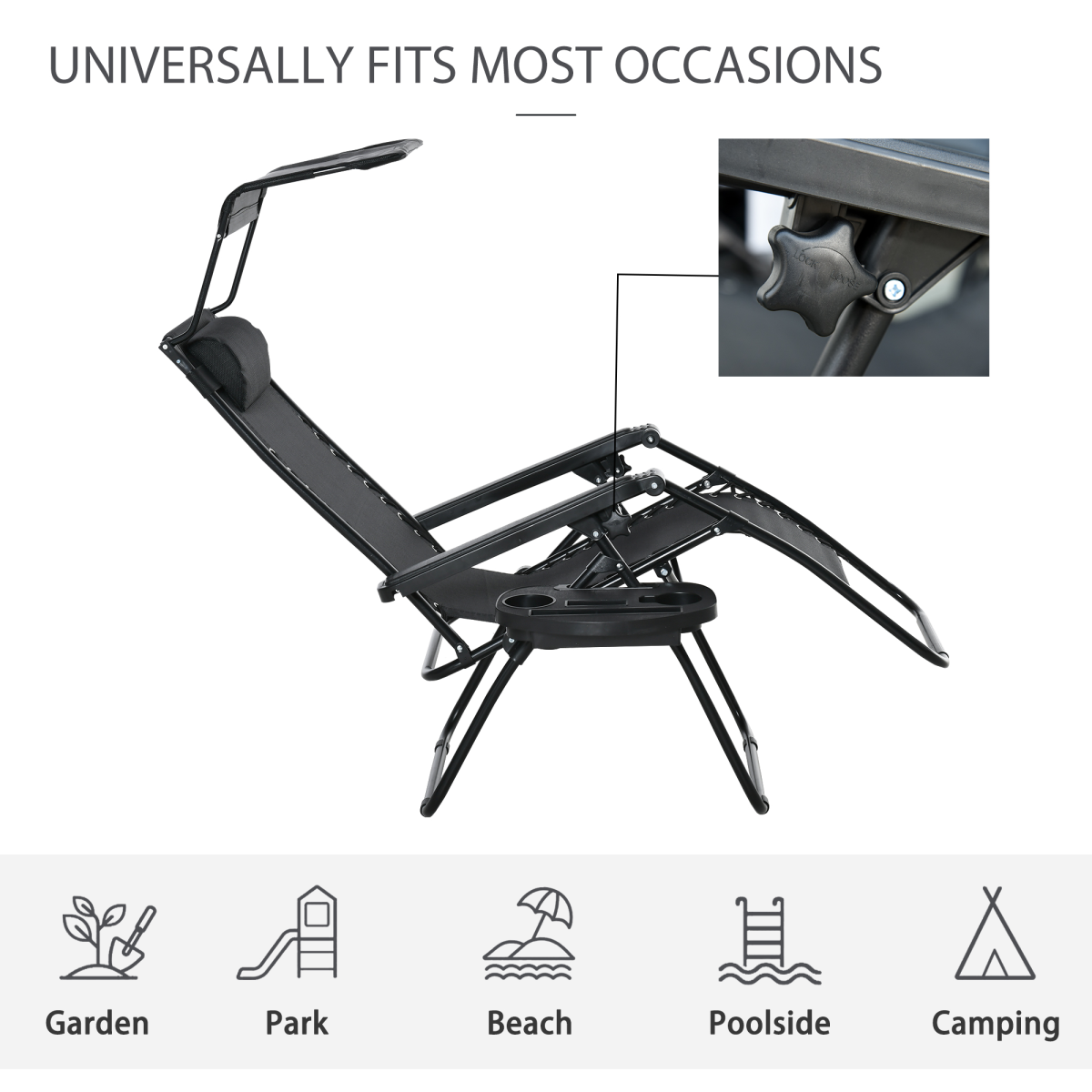 Zero Gravity Folding Sun Lounger Reclining Seat & Cup Holder & Canopy, Black