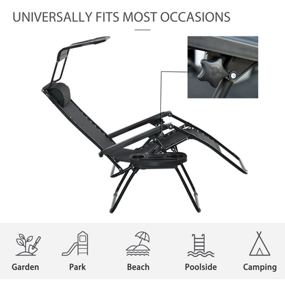 Zero Gravity Folding Sun Lounger Reclining Seat & Cup Holder & Canopy, Black