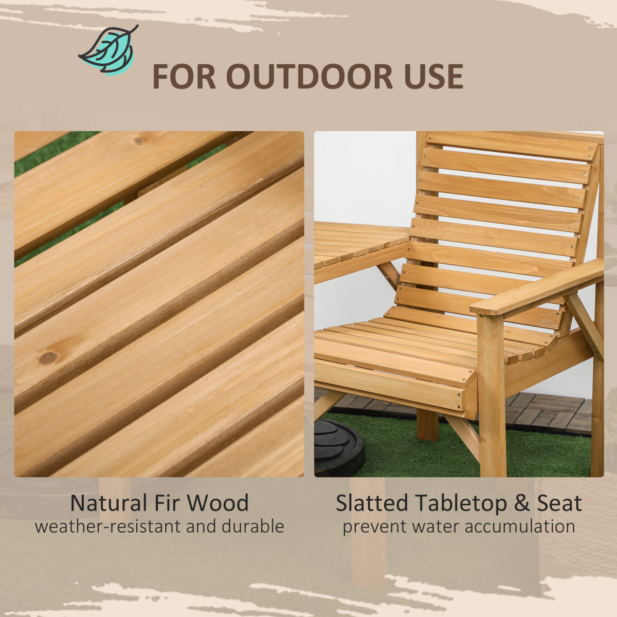 Outsunny Wooden Garden Love Seat w/ Coffee Table Umbrella Hole Partner Bench