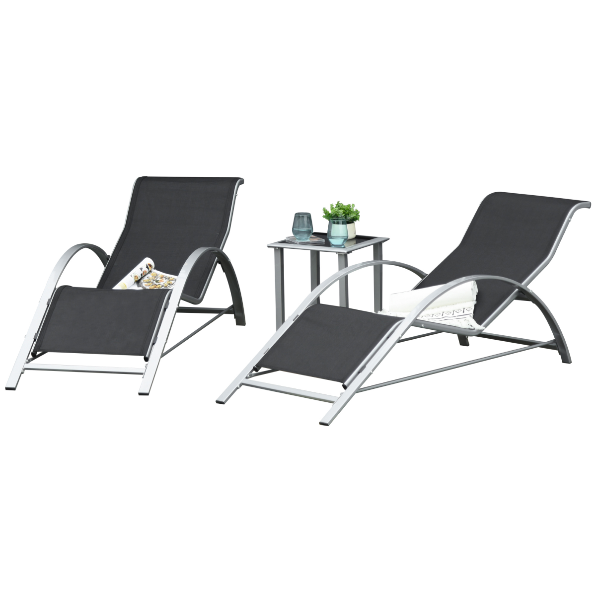 3 Pieces Lounge Chair Set Garden Sunbathing Chair w/ Table Black Outsunny