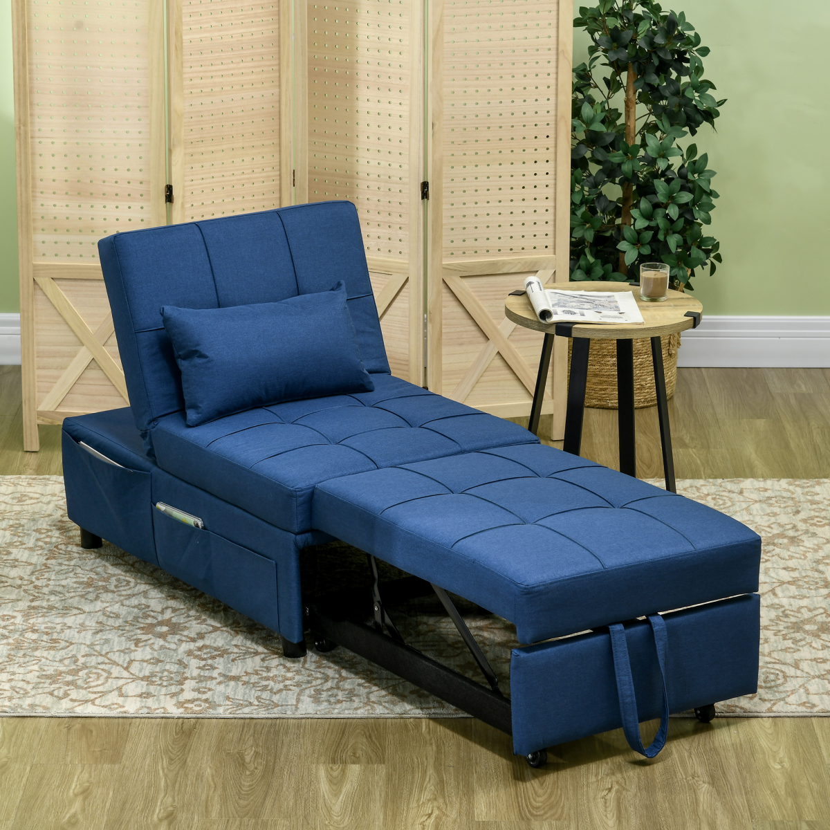 HOMCOM Folding Sofa Bed Adjustable Single Sleeper w/ Pillow Side Pocket, Blue