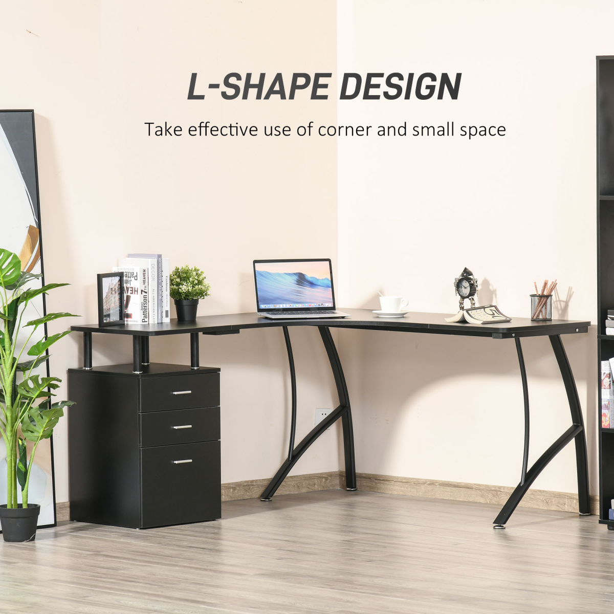 L-Shaped Corner PC Desk Table w/ Drawer Home Office Workstation, Black HOMCOM